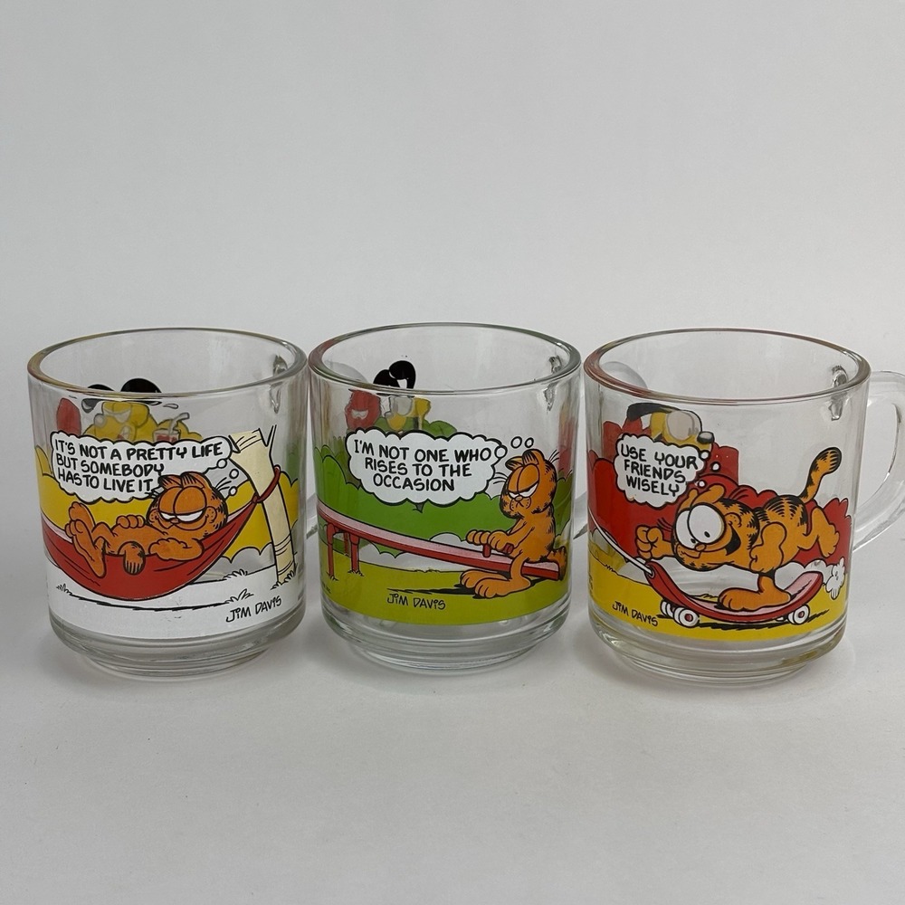 McDonald's Set of 3 Garfield Jim Davis Clear Glass Coffee Mugs Cups Vintage 1978